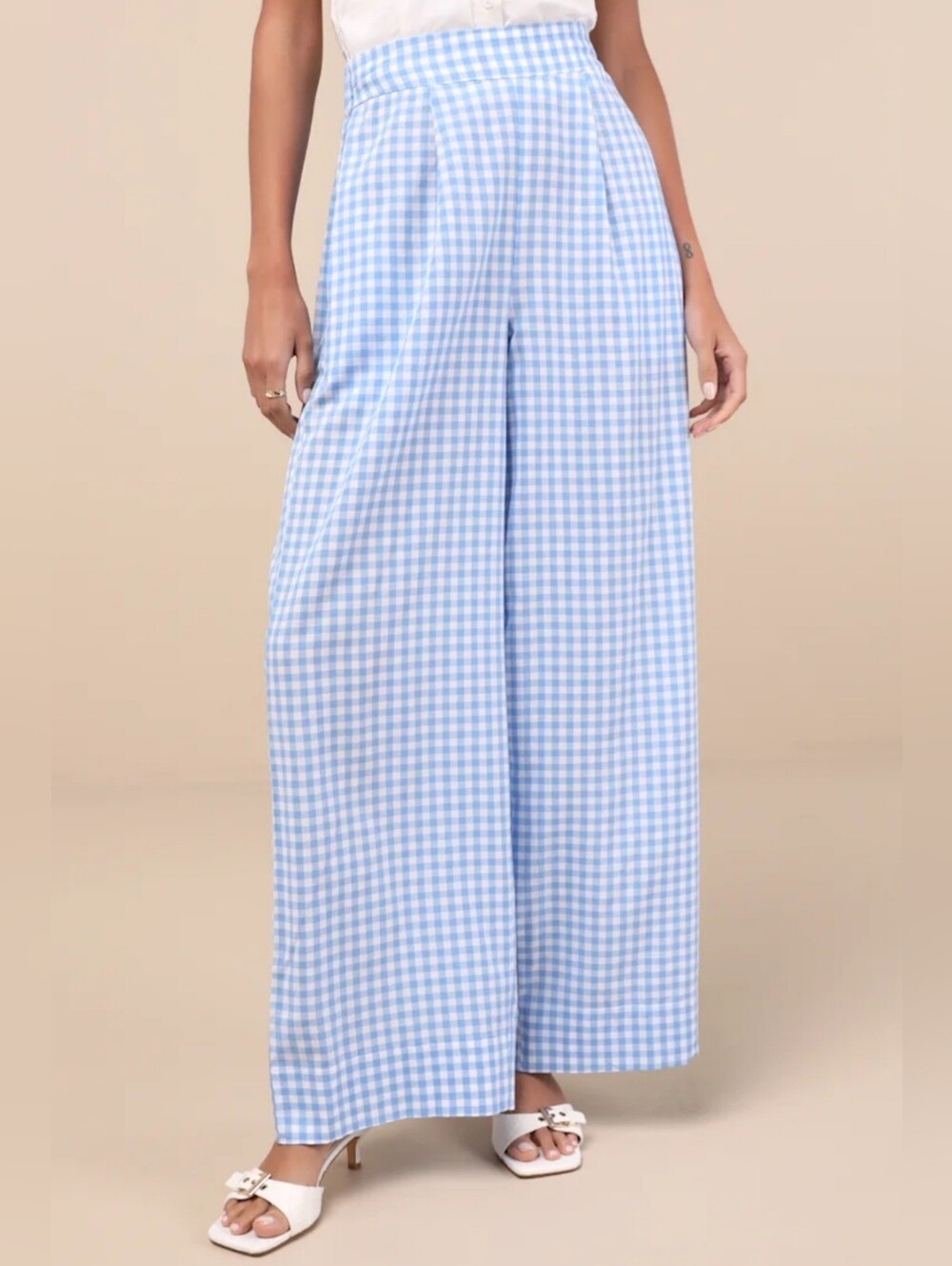 Lulus Delphine Blue and White Gingham Wide-Leg Pants Size L - Picture 9 of 11